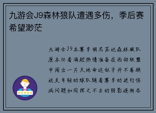 九游会J9森林狼队遭遇多伤，季后赛希望渺茫