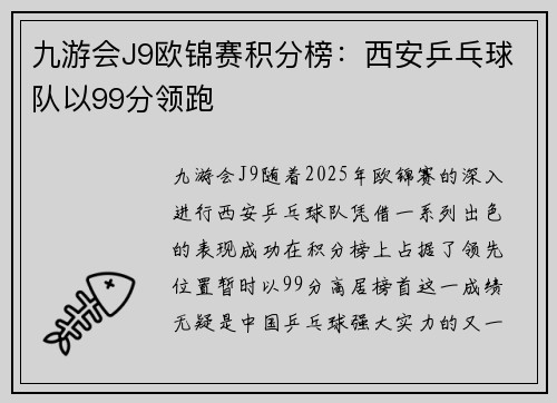 九游会J9欧锦赛积分榜：西安乒乓球队以99分领跑